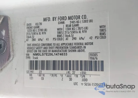 2020 Ford Transit Connect Xl z USA, uszkodzony, nr VIN NM0LS7E29L1474633